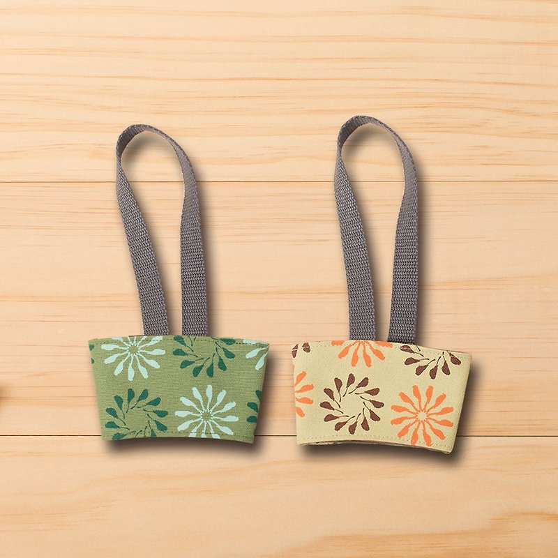 Take-Out Cup Holder (2pcs) / Black Drongo Circles / Straw Green + Moss Green - Beverage Holders & Bags - Cotton & Hemp Green