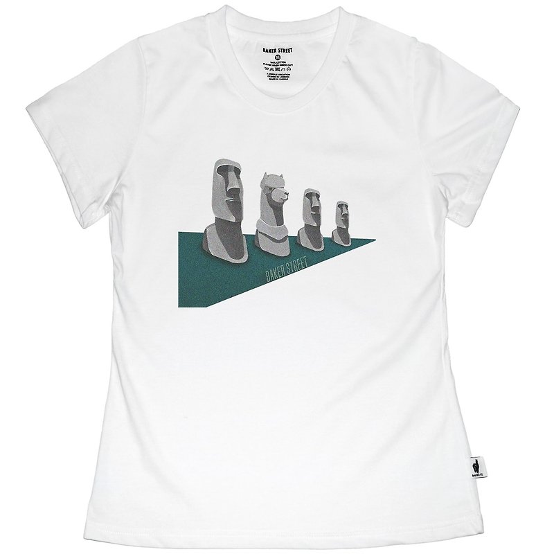 British Fashion Brand -Baker Street- Moai Alpaca Printed T-shirt - Women's T-Shirts - Cotton & Hemp White