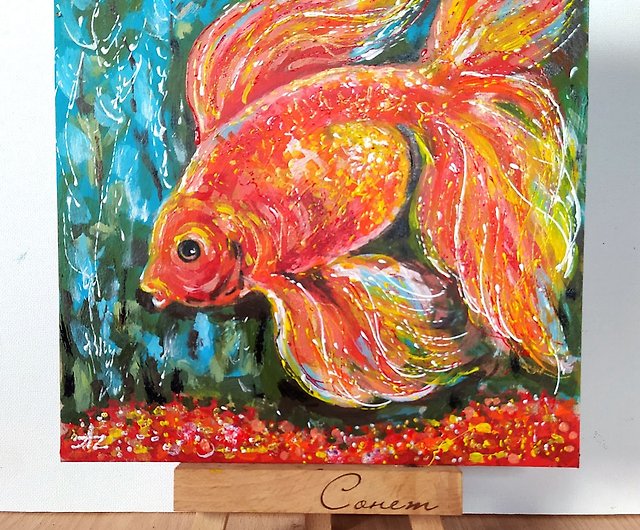 金魚絵画魚オリジナルアートアクリル小さなアートワーク金魚アート 