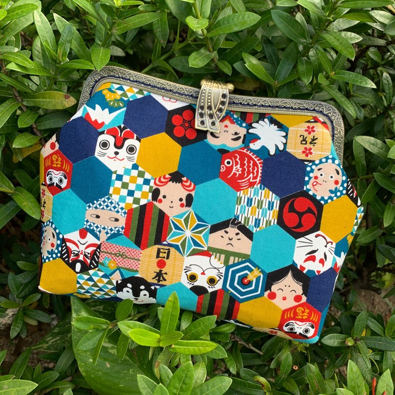 和風龜甲 藍 20cm口金斜背包 Girlskioku - 側背包/斜背包 - 棉．麻 藍色