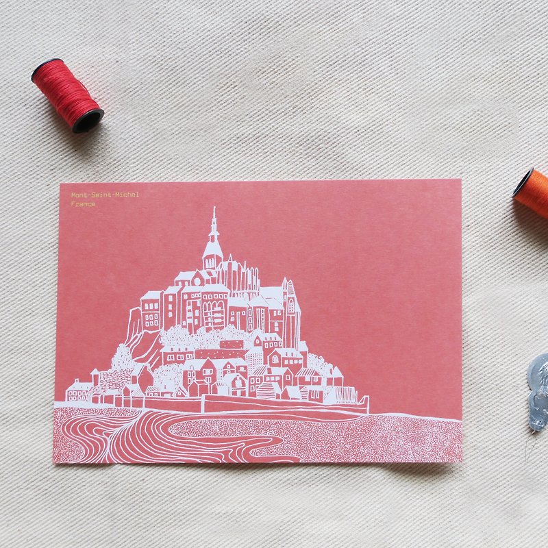 Travel landscape France-Mont Saint Michel / Illustrated postcard - การ์ด/โปสการ์ด - กระดาษ สีแดง