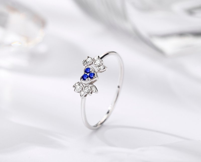 藍寶石14k金鑽石心形訂婚戒指 丘比特之翼結婚戒指 天使翅膀鑽戒 - 戒指 - 貴金屬 藍色