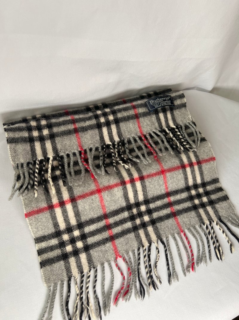 Burberry Scarf經典灰色格紋流蘇頸巾 全羊毛 日本中古Vintage - 圍巾/披肩 - 羊毛 咖啡色