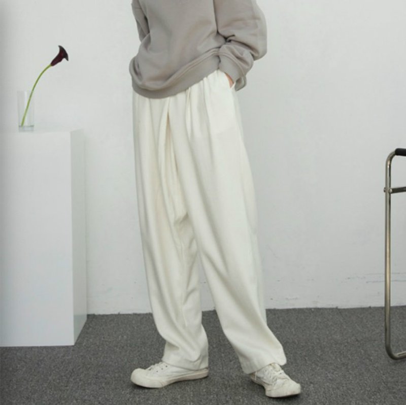 White lazy wind irregular wool trousers slung casual wild straight loose mopping old pants - กางเกงขายาว - ขนแกะ ขาว