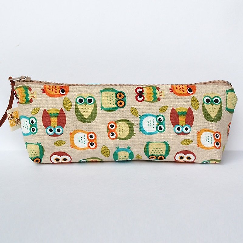Penguin Owl Wide Bottom Pencil Bag / Order - กล่องดินสอ/ถุงดินสอ - ผ้าฝ้าย/ผ้าลินิน สีกากี