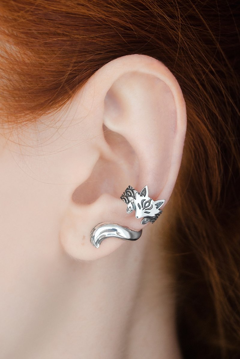 Japanese fox ear cuff silver no piercing, kitsune earring - Earrings & Clip-ons - Sterling Silver Silver