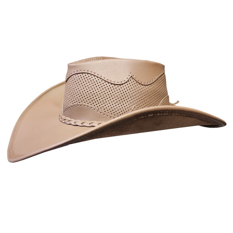 Desert Tan Perforated Leather Western Hat with Braided Band - 帽子 - 真皮 卡其色