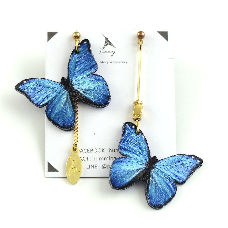 humming- Morpho menelaus /Butterfly/Embroidery earrings - Earrings & Clip-ons - Thread Blue