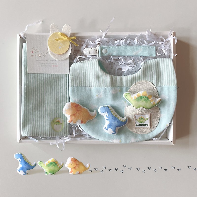 Lucky bag/3-piece set of dinosaur bibs (including three dinosaurs)/names can be customized/double-sided bibs/Miyue gift box - ของขวัญวันครบรอบ - ผ้าฝ้าย/ผ้าลินิน สีเขียว