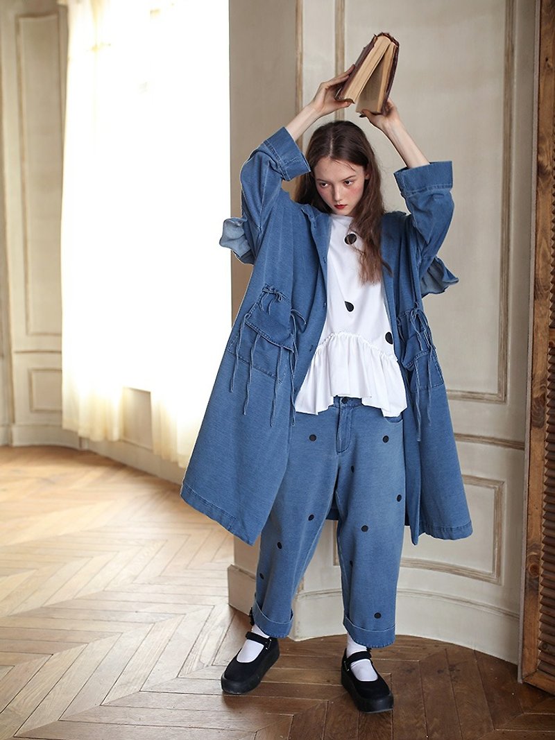 Denim blue large pocket hooded long coat - imakokoni - เสื้อแจ็คเก็ต - ผ้าฝ้าย/ผ้าลินิน สีน้ำเงิน