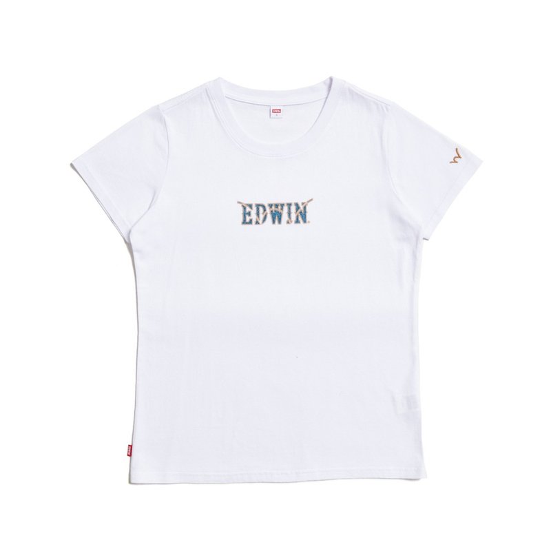 EDWIN denim LOGO short-sleeved T-shirt-women (white) #TOP - เสื้อยืดผู้หญิง - ผ้าฝ้าย/ผ้าลินิน ขาว