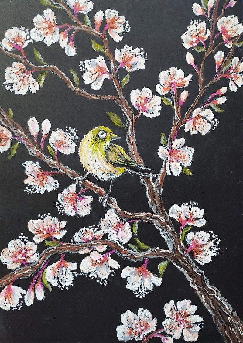 桜の花の絵、花のアート、油絵、パステル画、枝に止まる鳥のアート - ウォールデコ・壁紙 - 紙 ピンク
