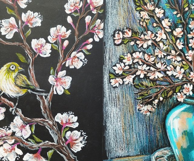 桜の花の絵、花のアート、油絵、パステル画、枝に止まる鳥の