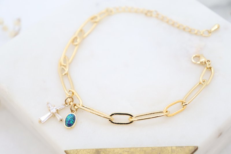 Oval Link Chain Cross & Blue Opal Cham Bracelet, Delicate Handmade Bracelet - Bracelets - Copper & Brass Gold