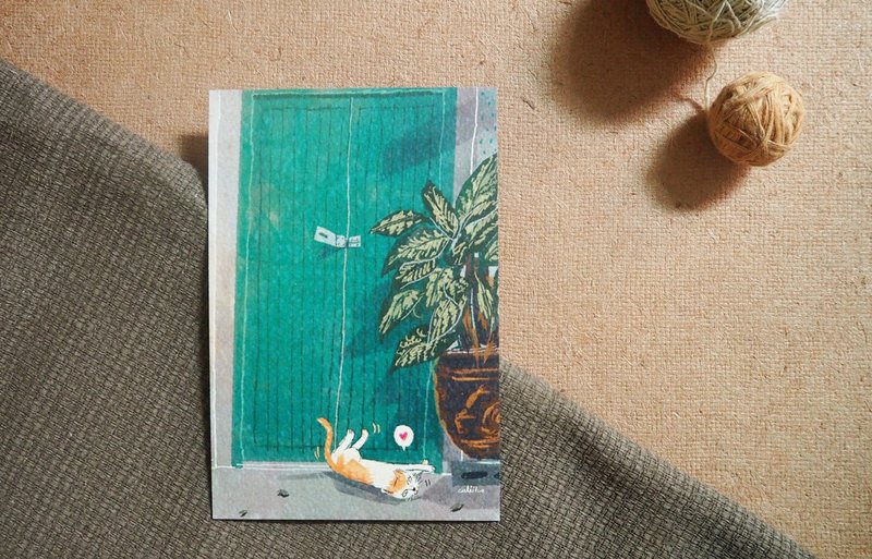 Postcard cat green door - 卡片/明信片 - 紙 綠色