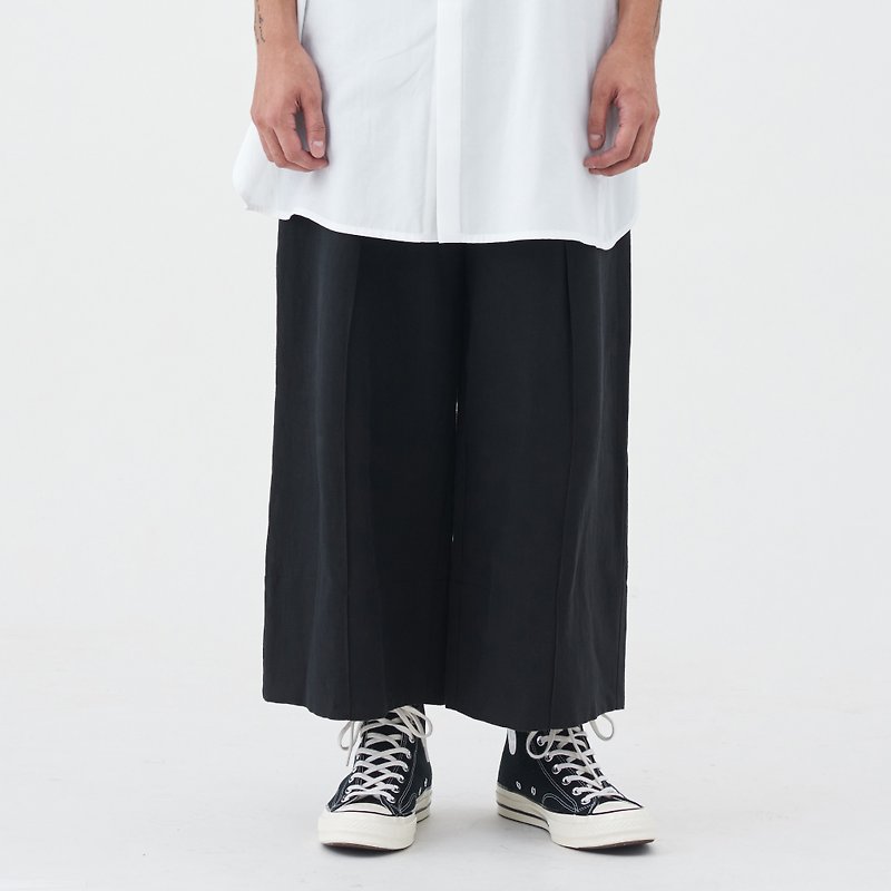 TRAN - Low Active Pleated Loose Cropped Pants - กางเกงขายาว - ผ้าฝ้าย/ผ้าลินิน สีดำ