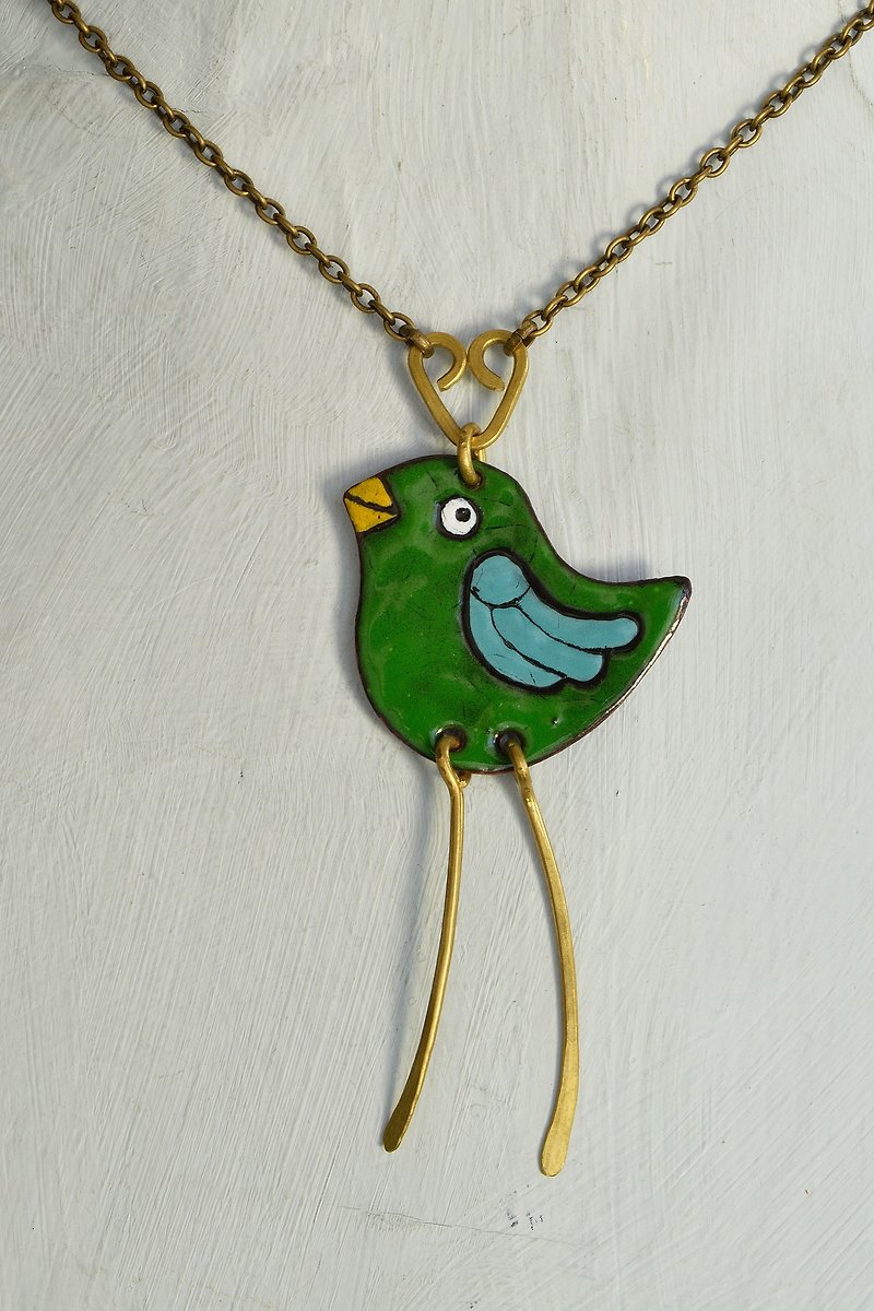 Green Bird Necklace, Bird Pendant, Greenfinch, Birdie, Enamel Necklace, Jewelry, - สร้อยคอ - วัตถุเคลือบ สีเขียว