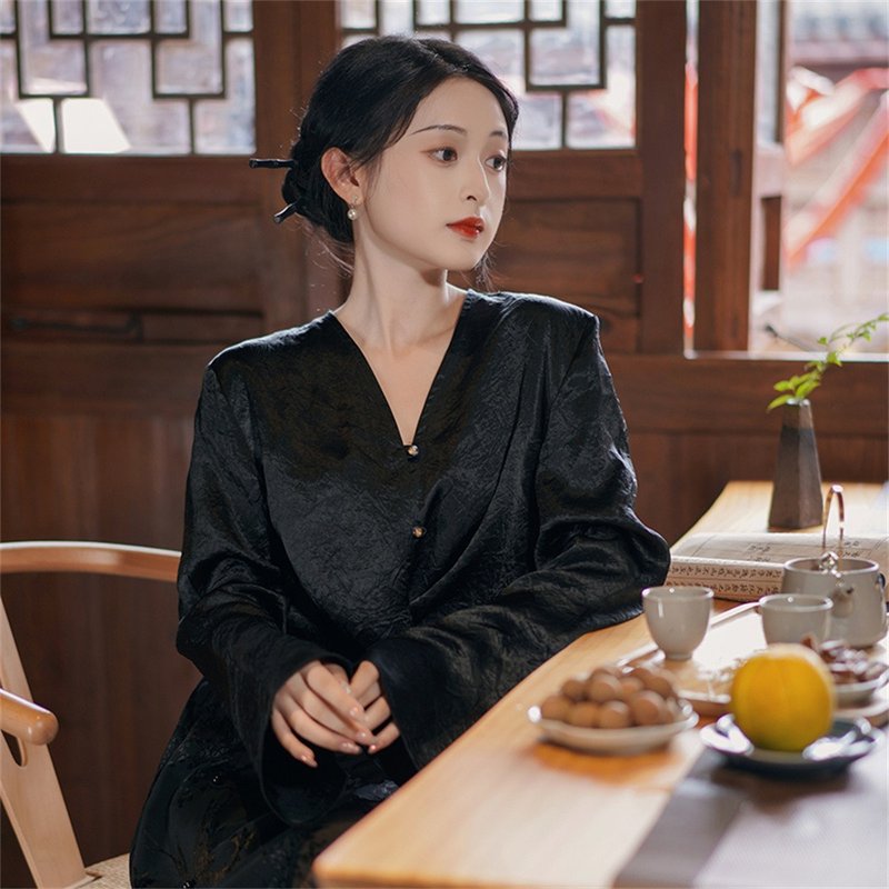 闌珊 黑色醋酸襯衫 新中式長袖襯衣 設計感小眾國風上衣 - 女襯衫 - 聚酯纖維 黑色