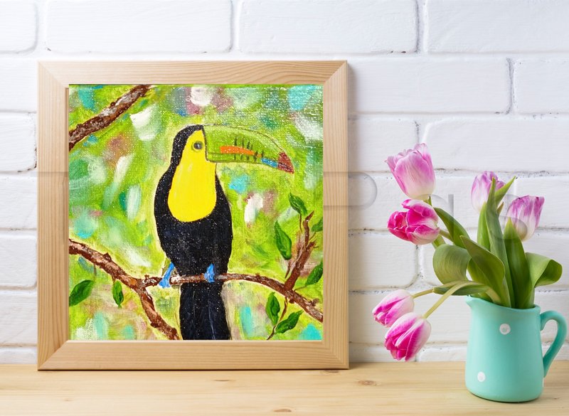 Painting with a tropical bird Toucan Original Art Exotic Bird Wall Art 20x20 cm - ตกแต่งผนัง - วัสดุอื่นๆ หลากหลายสี