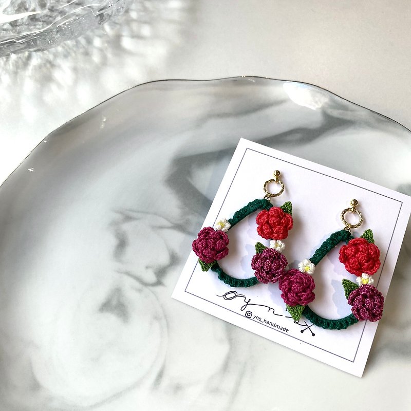 玫瑰系列 - 水滴型款式 - 純人手鈎織編織 - 耳環/耳夾 - 棉．麻 