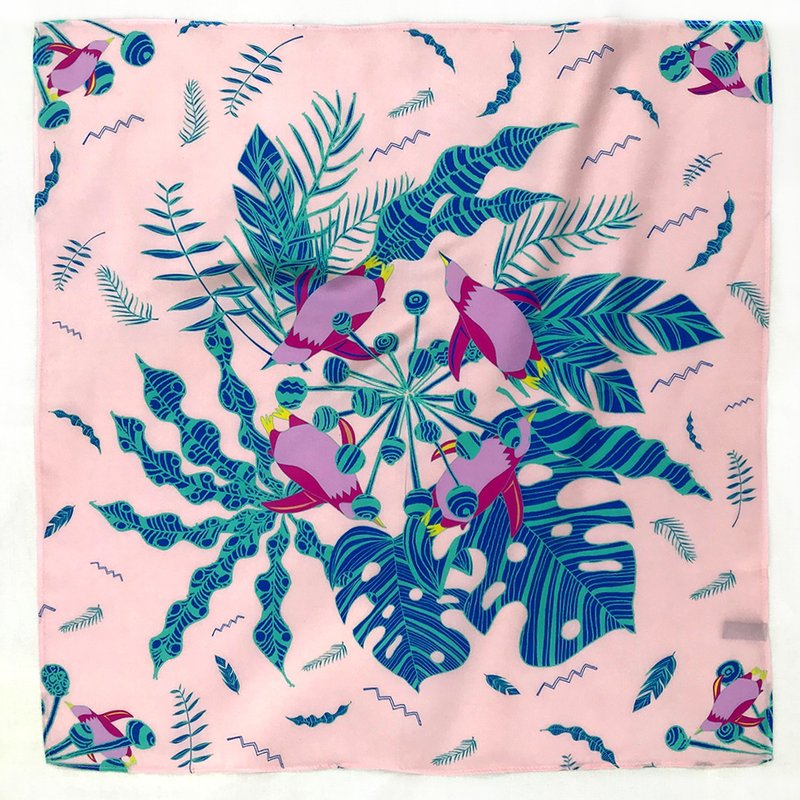 Silk Scarf 企鵝花式游泳隊 手繪絲巾 | 櫻・琉璃色 - 絲巾 - 絲．絹 粉紅色