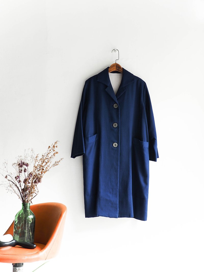 河水山 - 東京深靛藍滾滾洋流 古董薄料風衣外套 trench_coat dustcoat jacket coat oversize vintage - 女西裝外套 - 羊毛 藍色