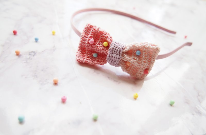 Customized hand-knitted cute pair of pink butterfly girl hair band BH076 - Hair Accessories - Thread Pink