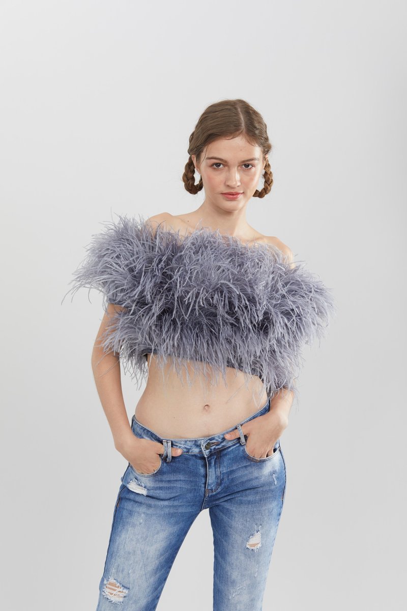 Zara  grey off the shoulder feather top for women Prom dress for women - 女上衣/長袖上衣 - 羽絨 灰色