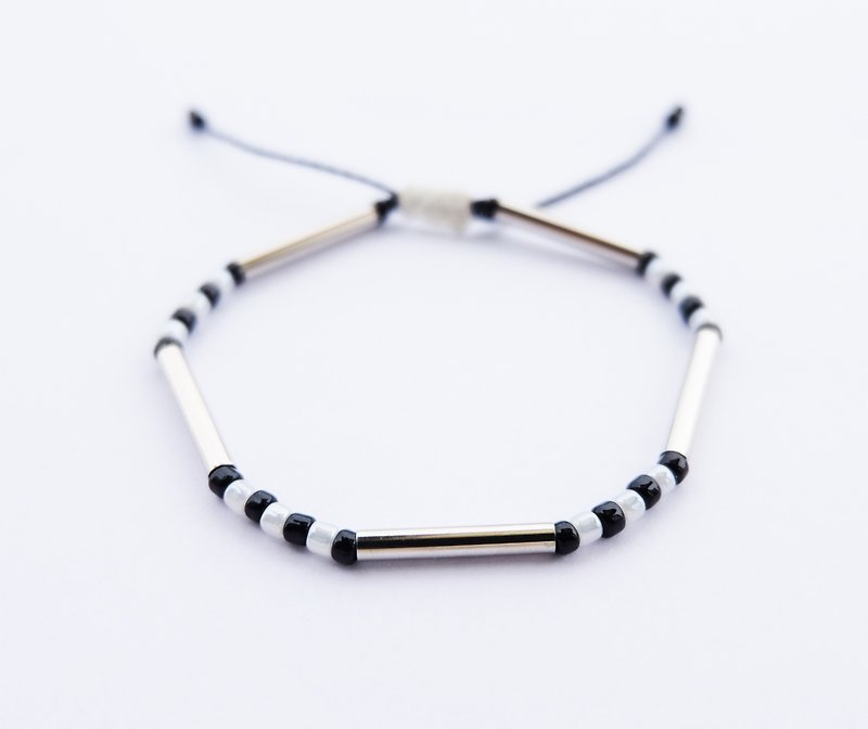 White black seed beads silver tube dark blue string bracelet - 手鍊/手環 - 其他材質 黑色