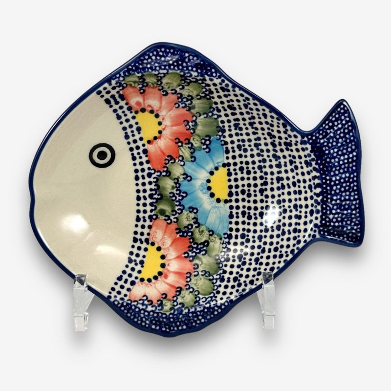 Polish hand-painted pottery - fish-shaped plate 19cm orange and blue large flower series designer model - จานและถาด - ดินเผา หลากหลายสี