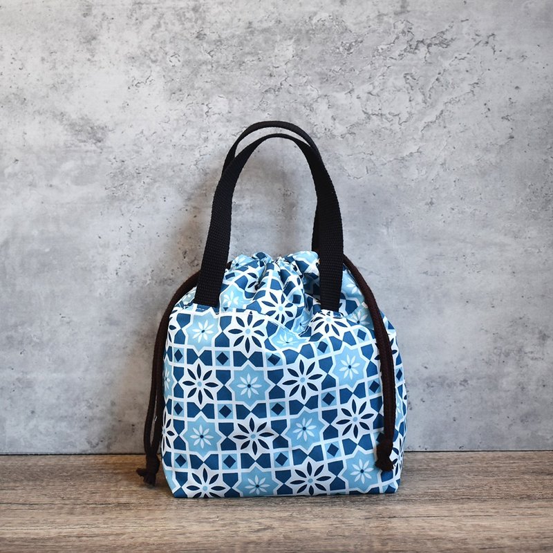 Drawstring bag/meal bag_retro tiles - Handbags & Totes - Nylon Blue