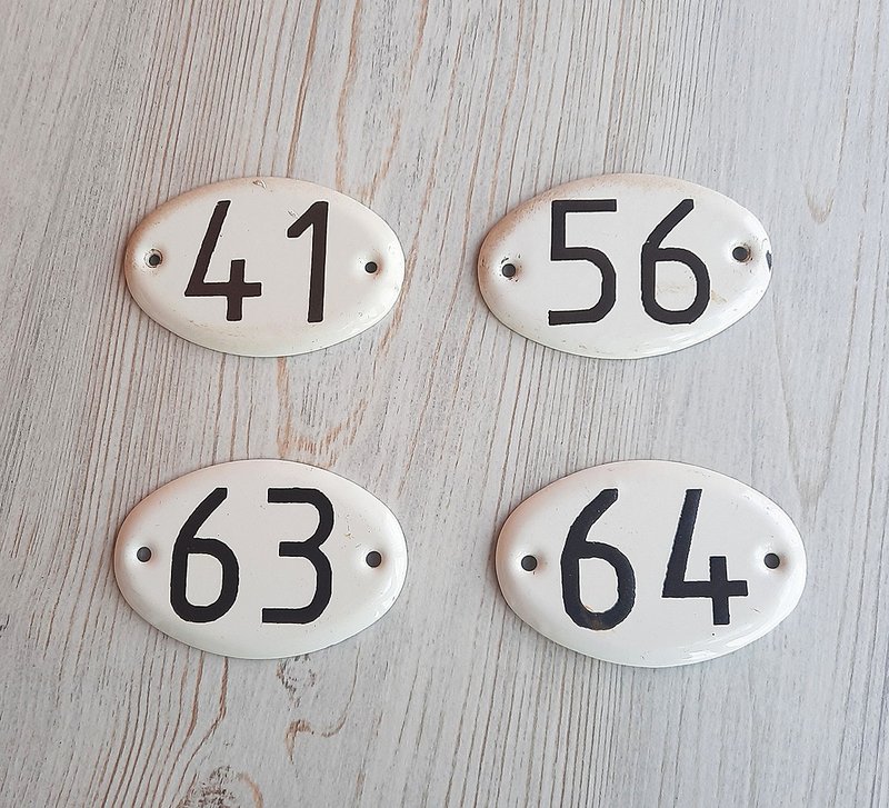 Soviet door number sign vintage: 41 56 63 64 enamel metal address plate USSR - ม่านและป้ายประตู - โลหะ ขาว