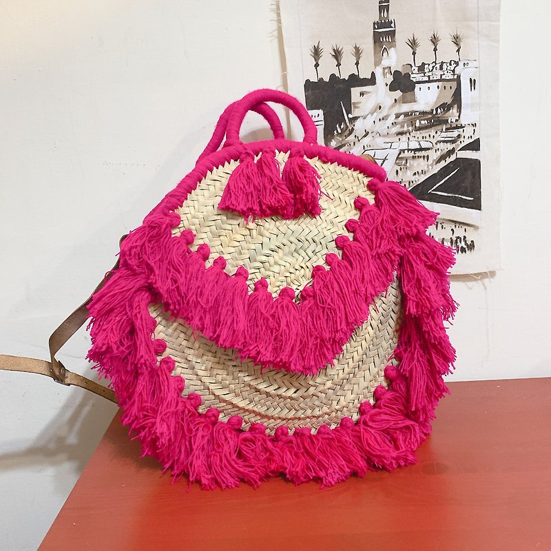 摩洛哥椰棗葉手工編織包 流蘇提籃 玫瑰谷 - 手袋/手提袋 - 環保材質 粉紅色