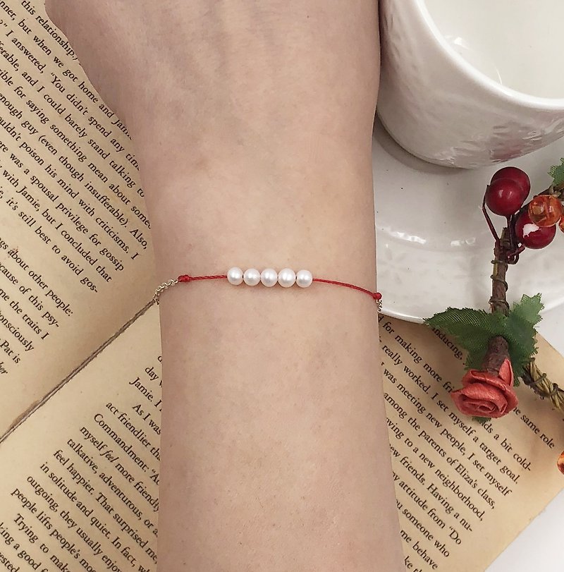 幸福線 925純銀銀鍊 珍珠 設計 紅線 手鍊 姻緣 月老 繩 細 手線 - 手鍊/手鐲 - 聚酯纖維 紅色