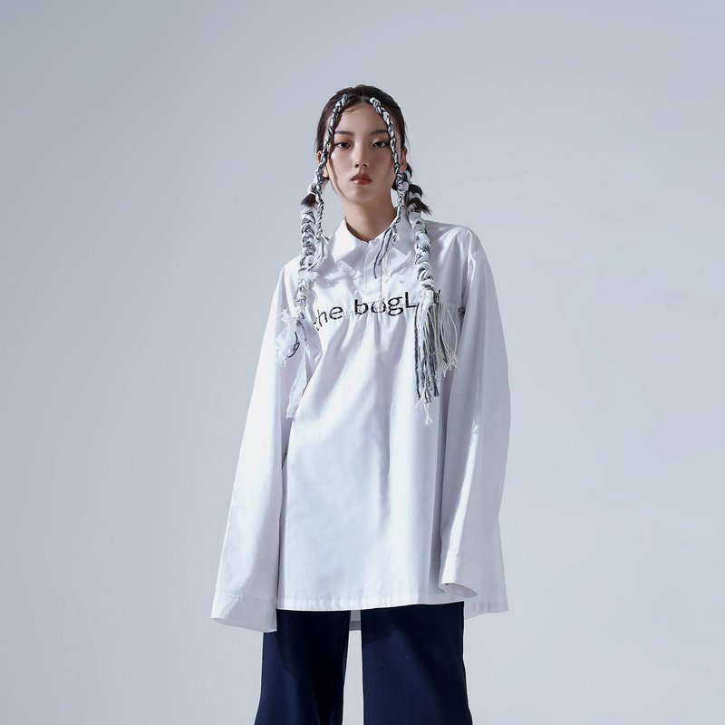 Logo抽繩落肩寬襯衫 - 女襯衫 - 棉．麻 白色