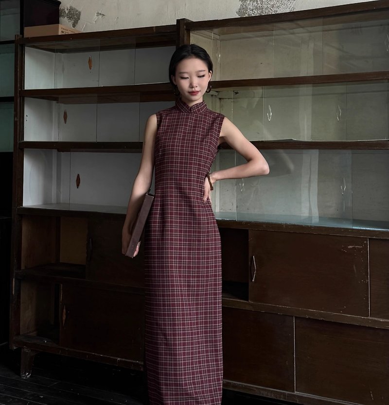 新中式復古 清冷感格子連身裙 - 連身裙 - 其他材質 