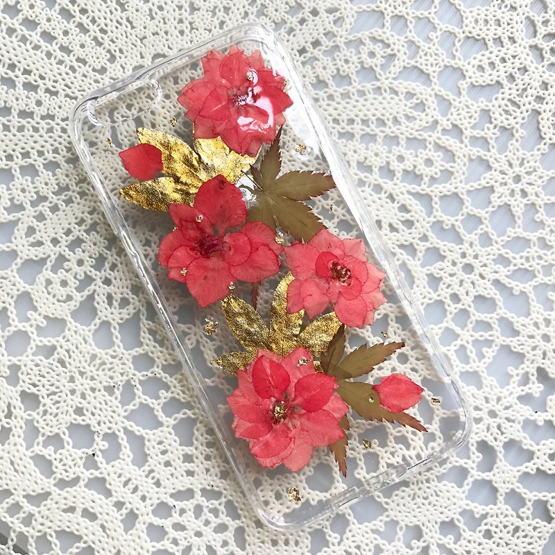 iPhone 7 Dry Pressed Flowers Case Red Flower case 004 - เคส/ซองมือถือ - พืช/ดอกไม้ สีแดง