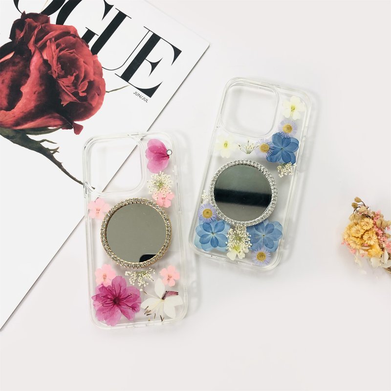 Handmade natural pink blue flower mirror phone case for iPhone 16 Samsung S25 - Phone Cases - Plants & Flowers 