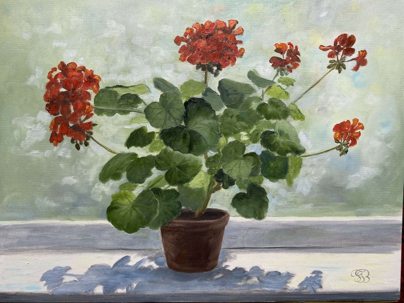 Original Oil Painting of Geranium Flower Realistic Floral Art 40 x 30 cm - 壁貼/牆壁裝飾 - 紙 紅色