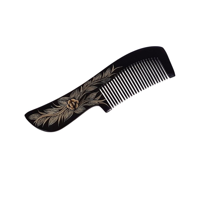 Natural Buffalo Horn Comb – Handmade Anti-Static Fine Tooth Hair Comb for Women - 髮夾/髮圈 - 環保材質 黑色
