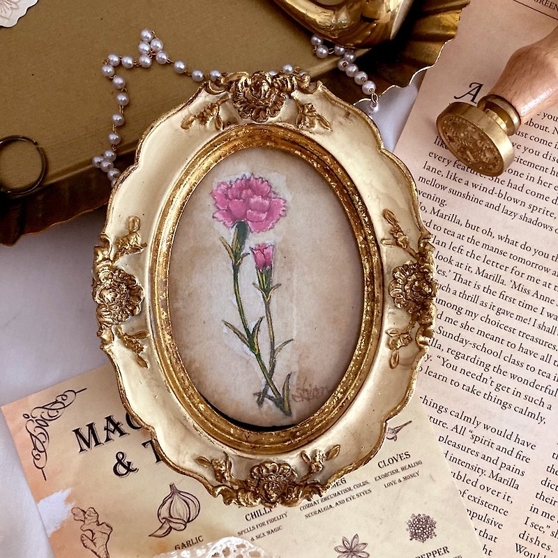 Small painting of carnations, pink / Flower lover Noka, Mother's Day, painting, antique style, antique, interior decoration - โปสเตอร์ - กระดาษ สึชมพู