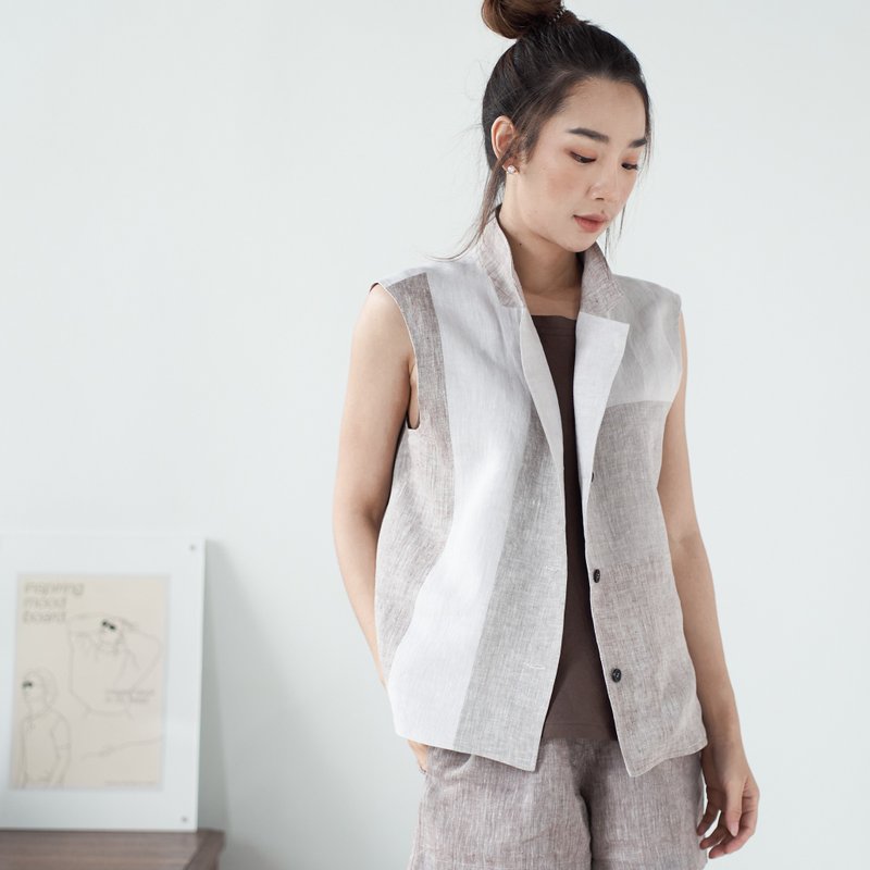 Natural Linen Reversible Vest Linen Vest - Multicolor Silver/Beige - 背心/無袖上衣 - 亞麻 銀色