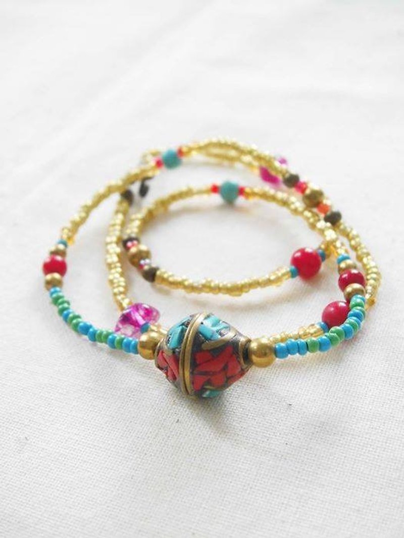 [Dual three times bracelet necklace] Tibetan handmade turquoise stone beads Czech beads red coral necklace simple retro handmade bracelet necklace nostalgic personality neutral gift - สร้อยคอ - เครื่องเพชรพลอย หลากหลายสี
