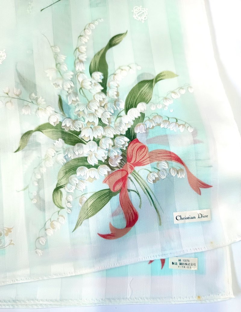 Christian Dior Vintage Handkerchief Lily of the Valley Green 19.5 x 19 inches - ผ้าเช็ดหน้า - ผ้าฝ้าย/ผ้าลินิน สีน้ำเงิน