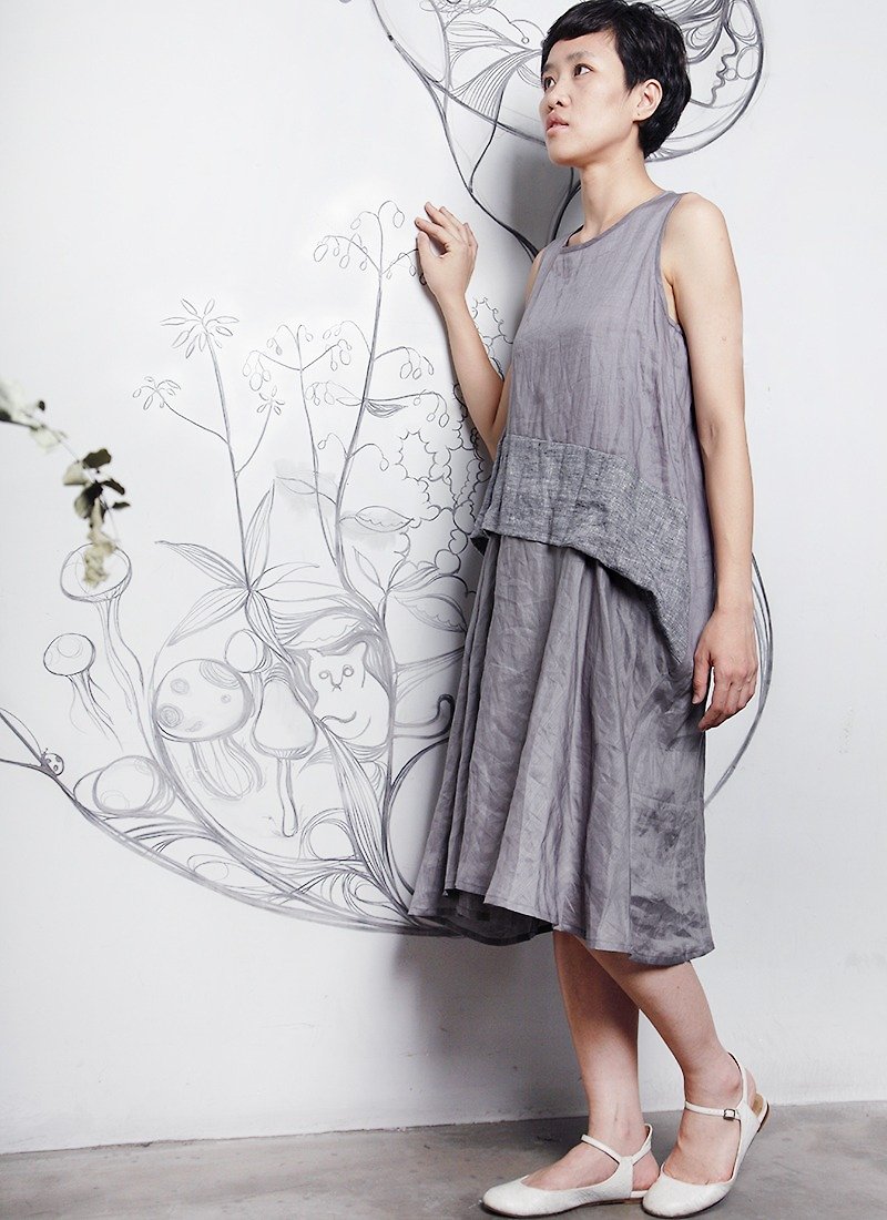 And Sleeveless flax dress _limited edition_online only - ชุดเดรส - ผ้าฝ้าย/ผ้าลินิน สีเทา