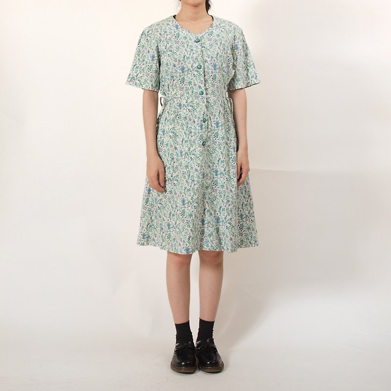 │moderato│ natural forest department cotton hand-painted watercolor vintage dress | Retro Girl London European Art. - One Piece Dresses - Polyester Green