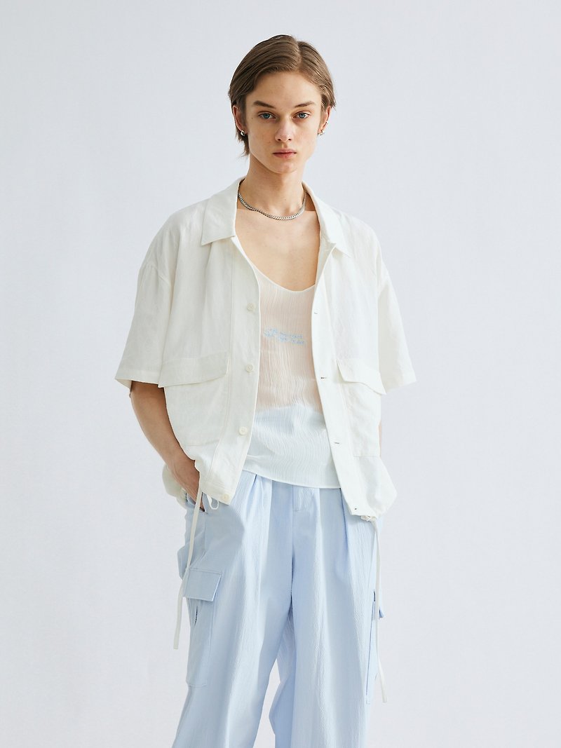GRAINMUSTARD Flowing Pattern Jacquard Shirt Tencel Blended Drawstring Short Japanese Retro Minimalist Shirt - เสื้อเชิ้ตผู้ชาย - ผ้าฝ้าย/ผ้าลินิน ขาว
