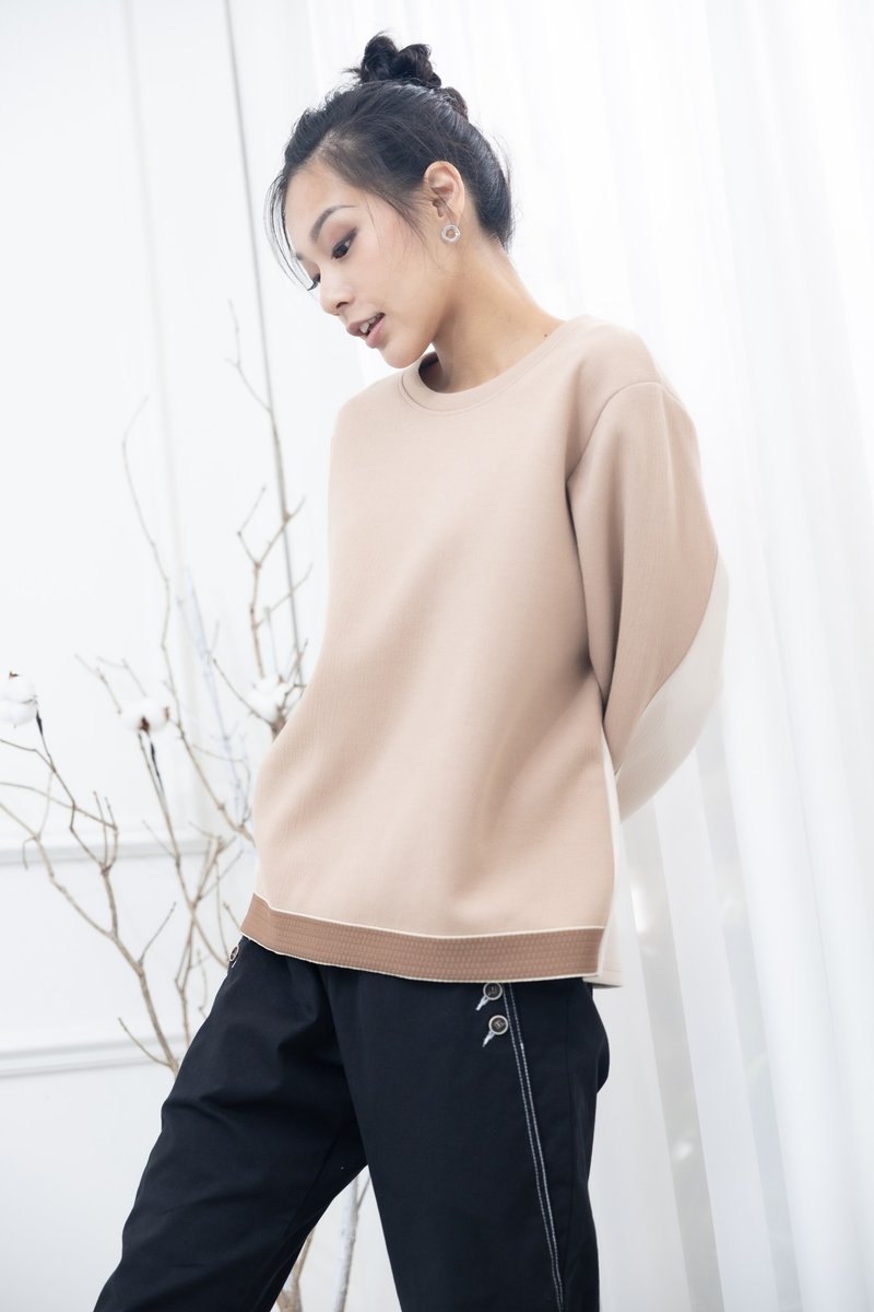 奶茶色杏色拼接上衣 - 女上衣/長袖上衣 - 其他材質 卡其色