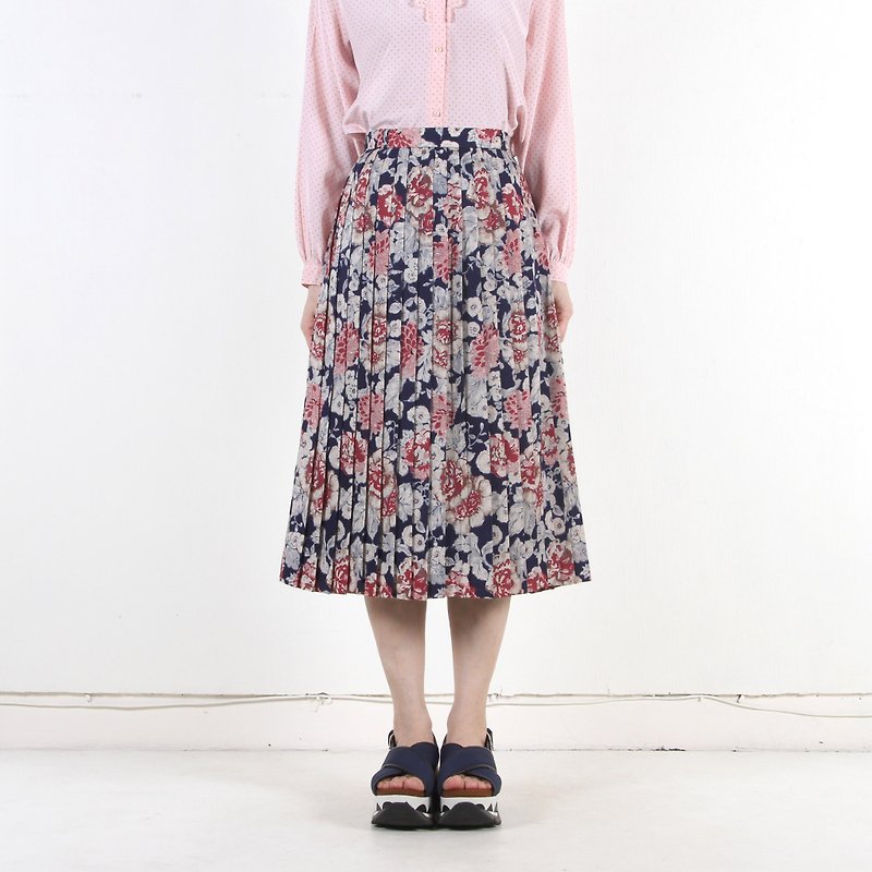 [Eggs and plants] vintage peony-print vintage pleated skirt - กระโปรง - เส้นใยสังเคราะห์ หลากหลายสี