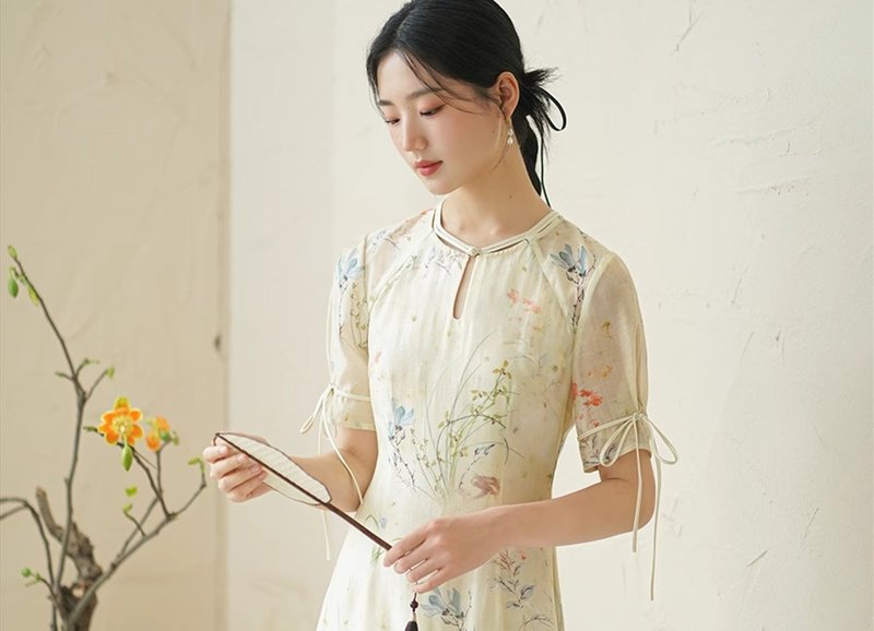 夏葵 新中式復古中國風 圓領改良旗袍洋裝 - 洋裝/連身裙 - 棉．麻 白色